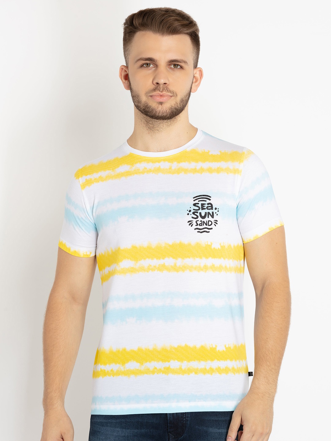 

Status Quo Men Striped Round Neck T-shirt, White