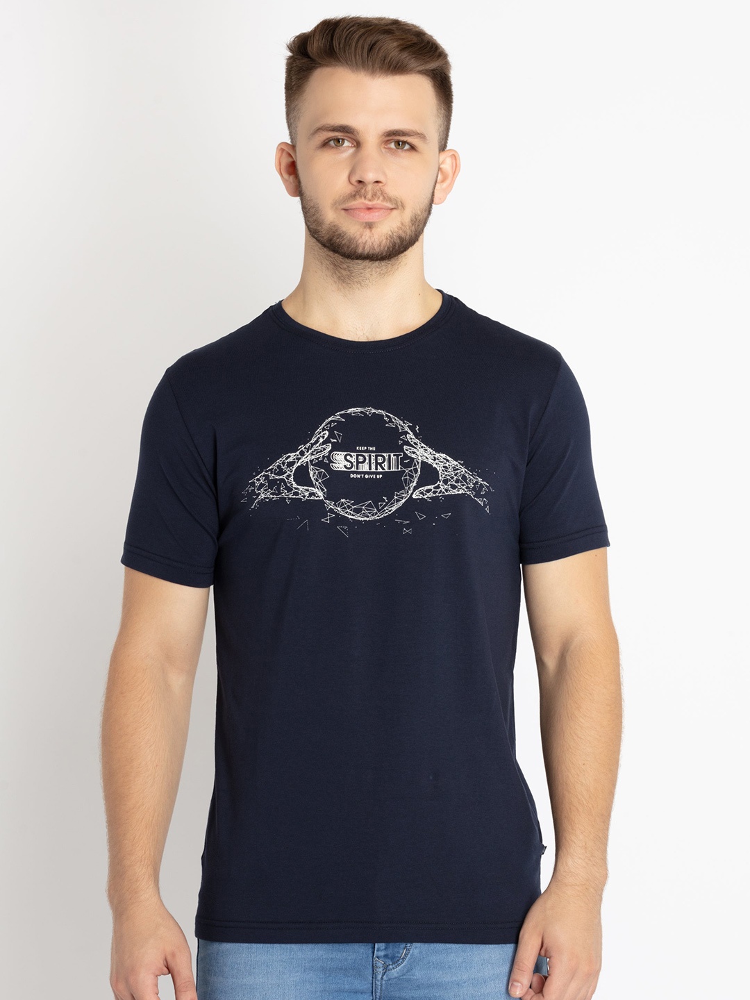 

Status Quo Men Printed Round Neck Cotton T-shirt, Navy blue