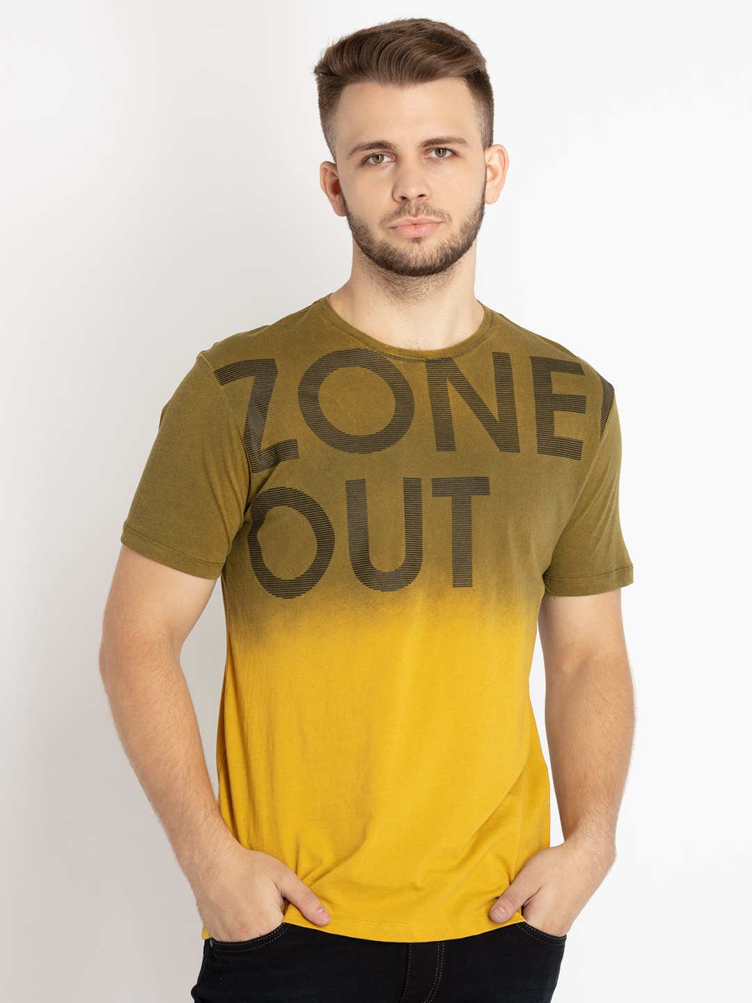 

Status Quo Men Typography Printed Cotton T-shirt, Mustard