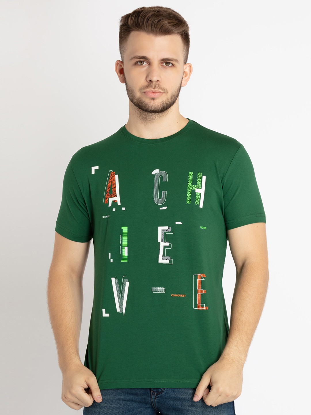 

Status Quo Men Green Printed Cotton T-shirt