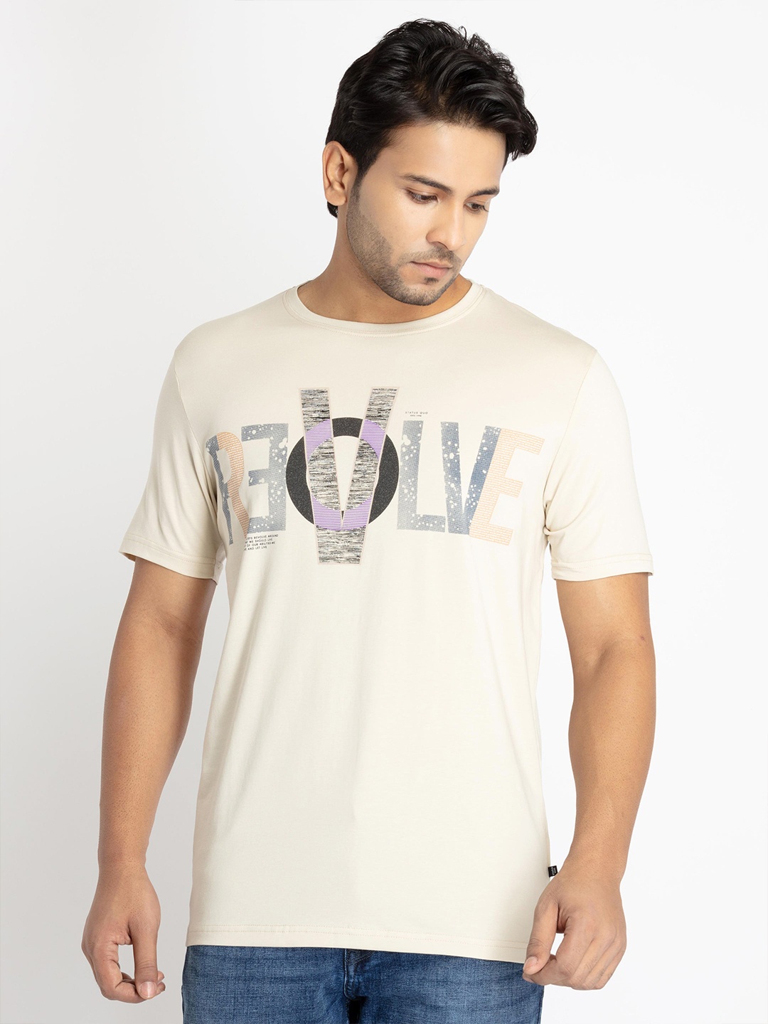 

Status Quo Men Typography Printed Cotton T-shirt, Beige