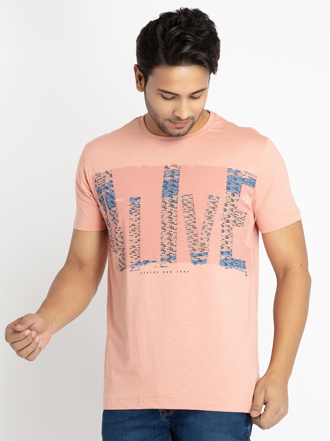 

Status Quo Men Typography Printed Cotton T-shirt, Peach