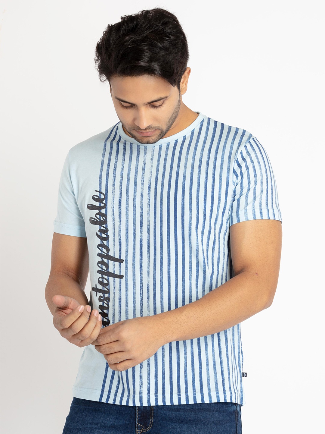 

Status Quo Men Striped Cotton T-shirt, Blue