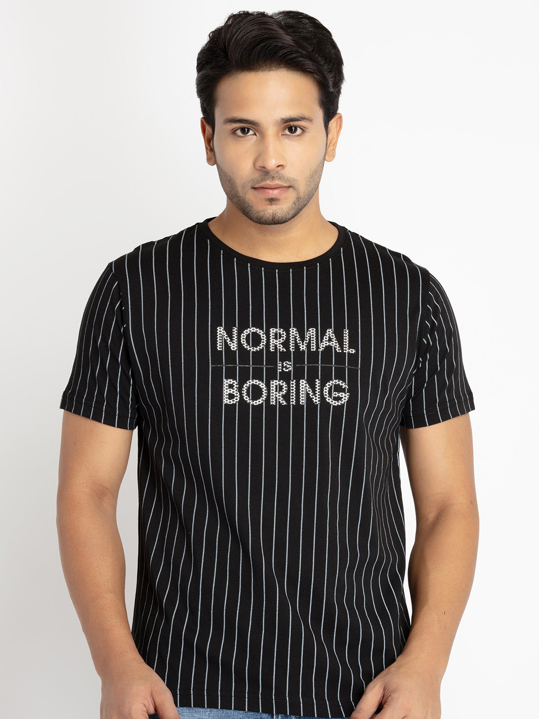 

Status Quo Men Striped Cotton T-shirt, Black