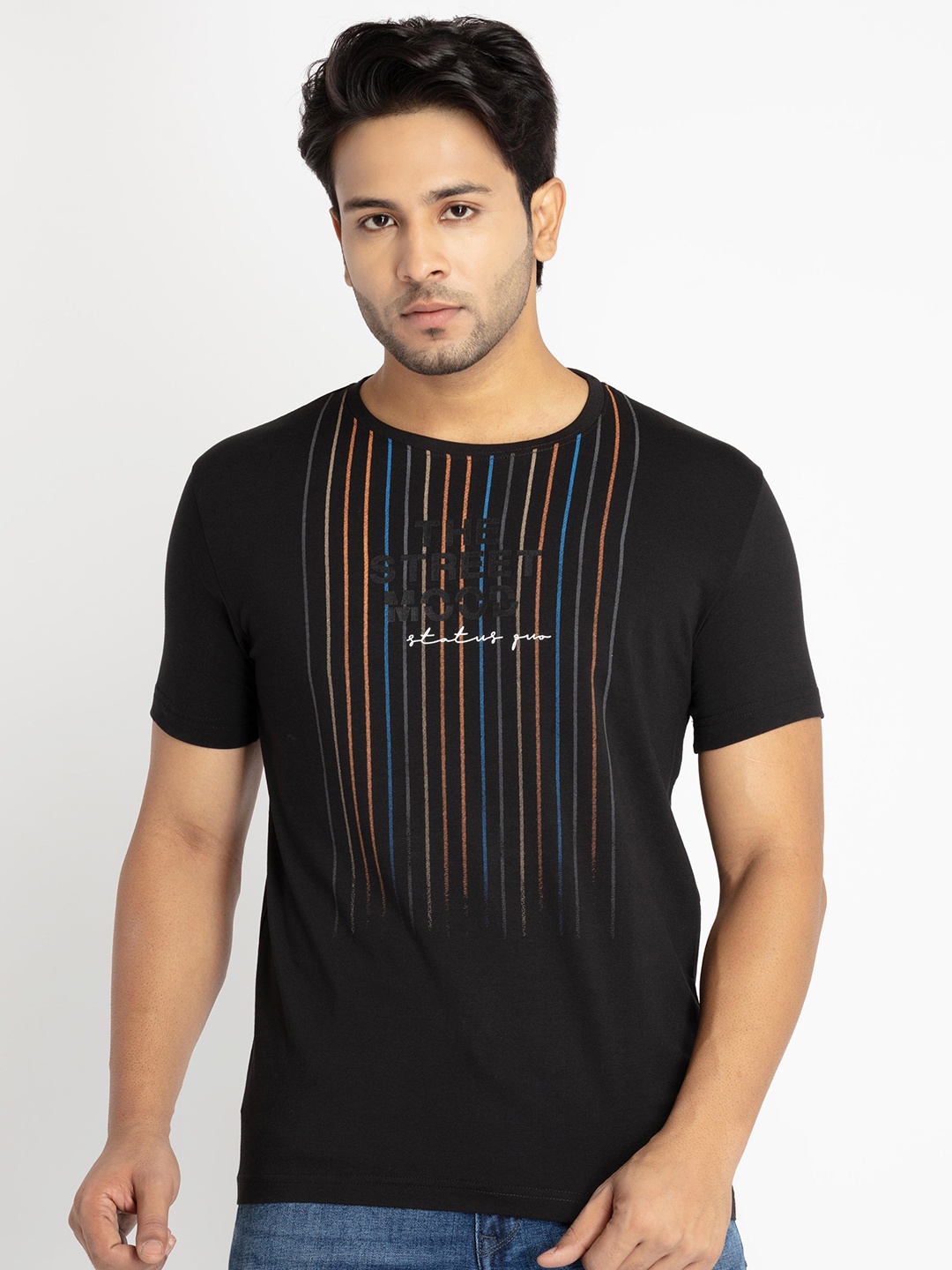 

Status Quo Men Striped Cotton T-shirt, Black
