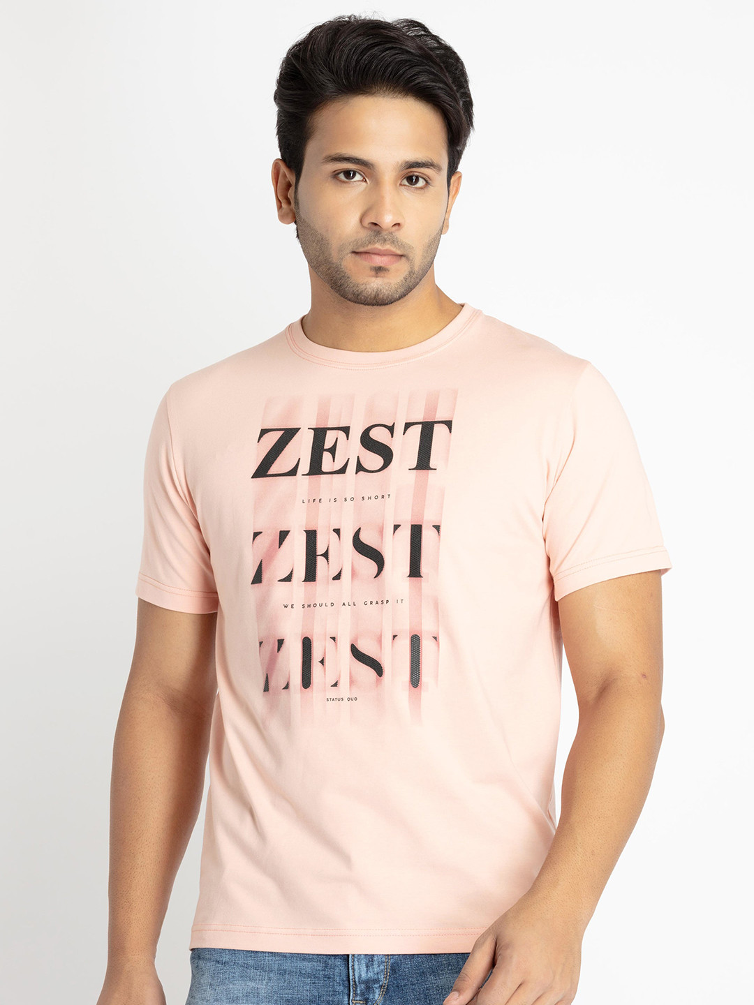 

Status Quo Plus Size Typography Printed Cotton T-shirt, Peach