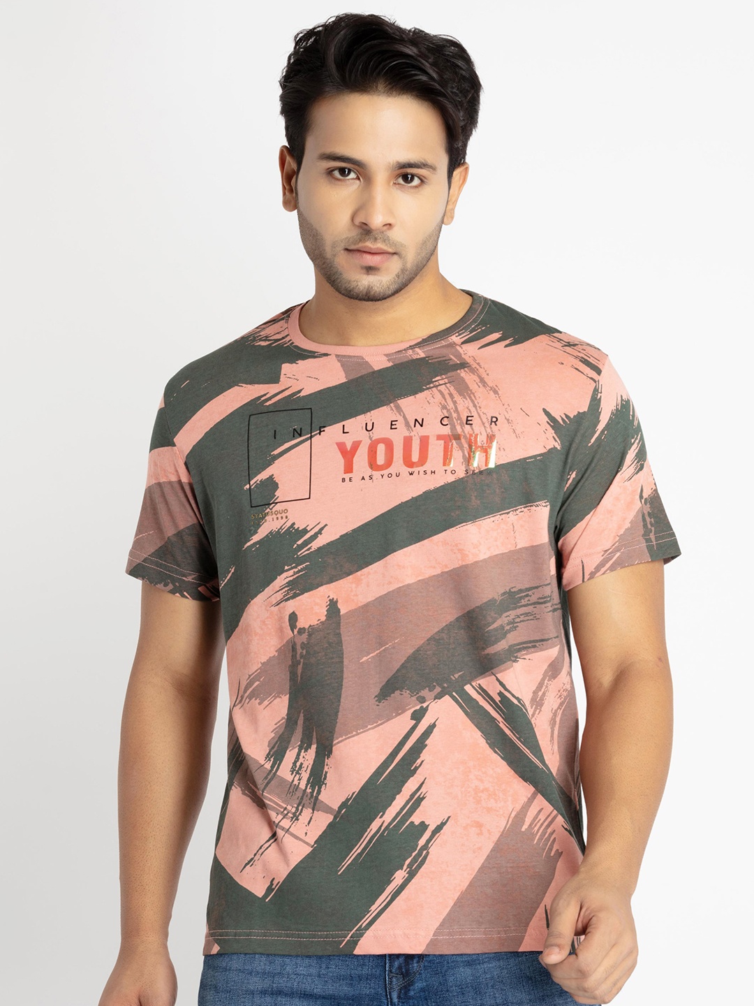 

Status Quo Men Abstract Printed Cotton T-shirt, Peach