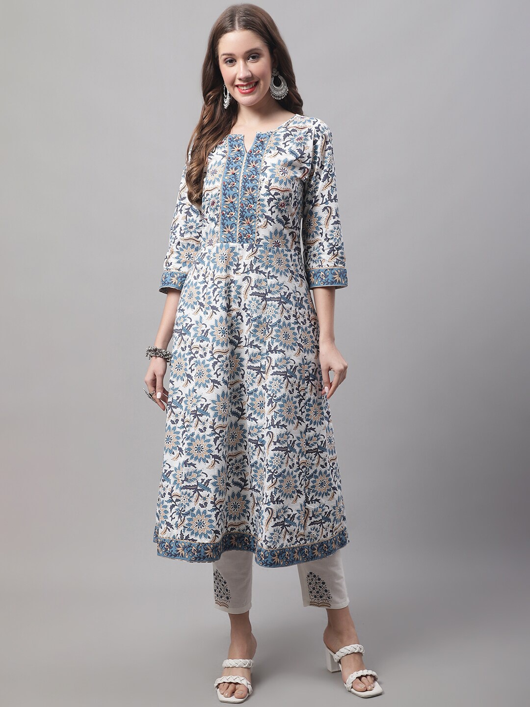

VredeVogel Floral Printed Bead And Stone Work Pure Cotton Kurta with Trousers & Dupatta, White