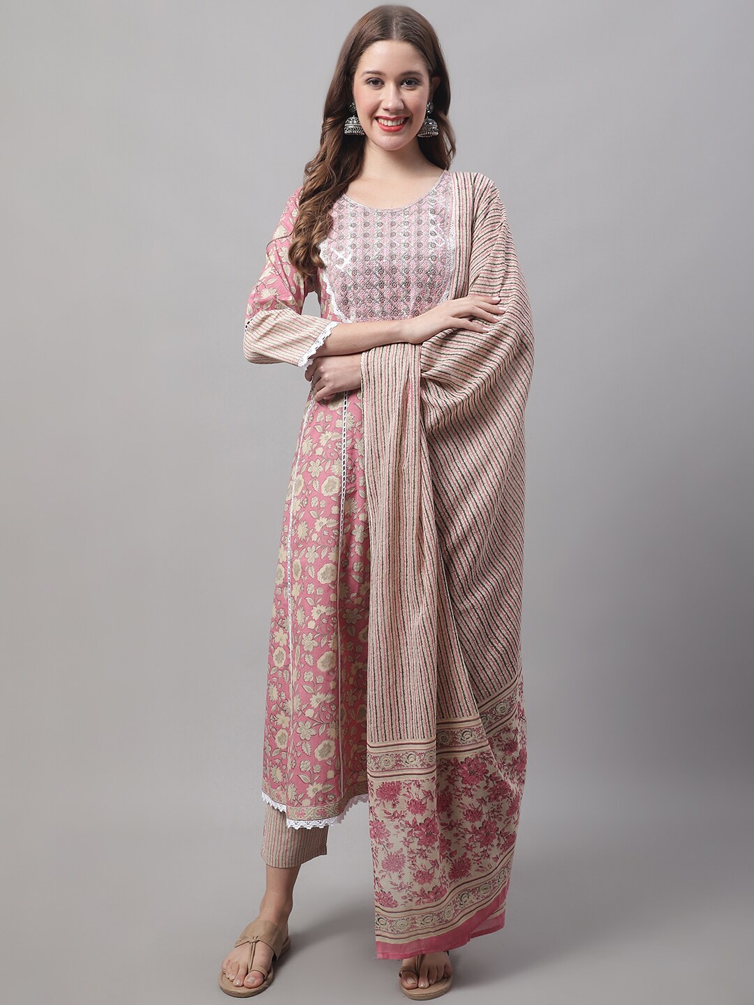 

VredeVogel Floral Printed Sequined Pure Cotton Kurta with Trousers & Dupatta, Pink