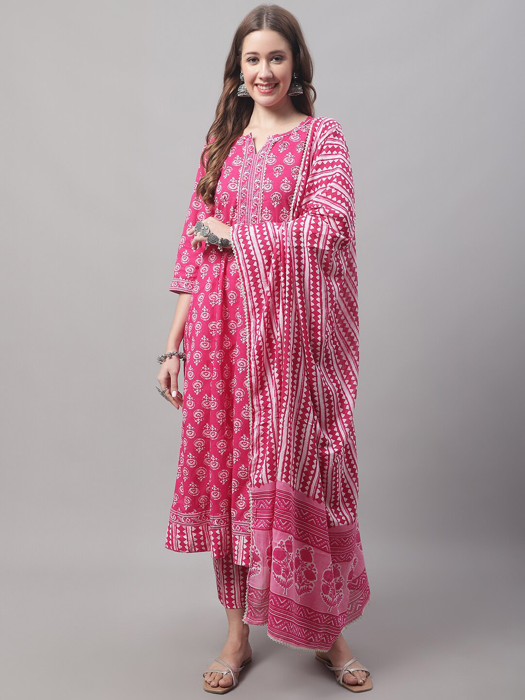 

VredeVogel Floral Printed Sequined Pure Cotton Kurta with Trousers & Dupatta, Pink