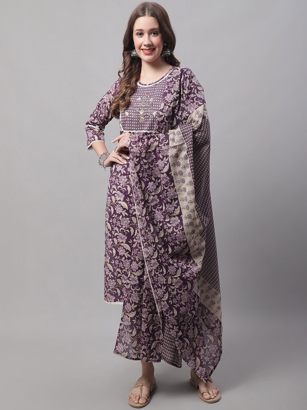 

VredeVogel Women Floral Printed Thread Work Pure Cotton Kurta with Trousers & Dupatta, Purple