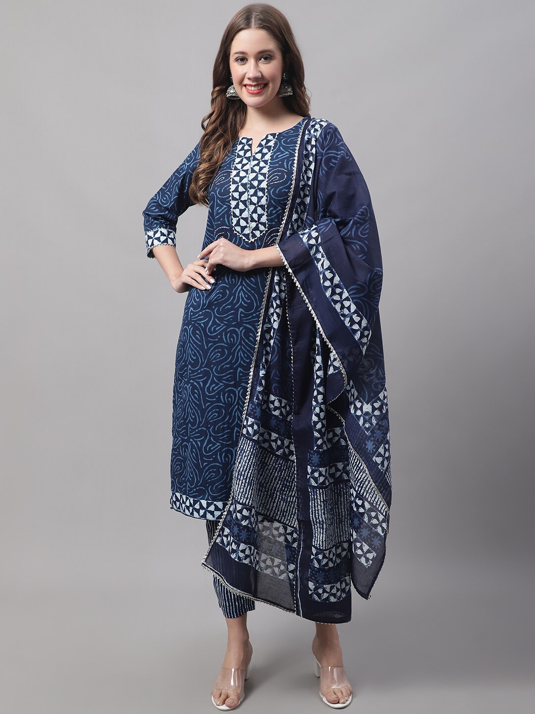 

VredeVogel Women Printed Beads and Stones Pure Cotton Kurta with Trousers & Dupatta, Blue