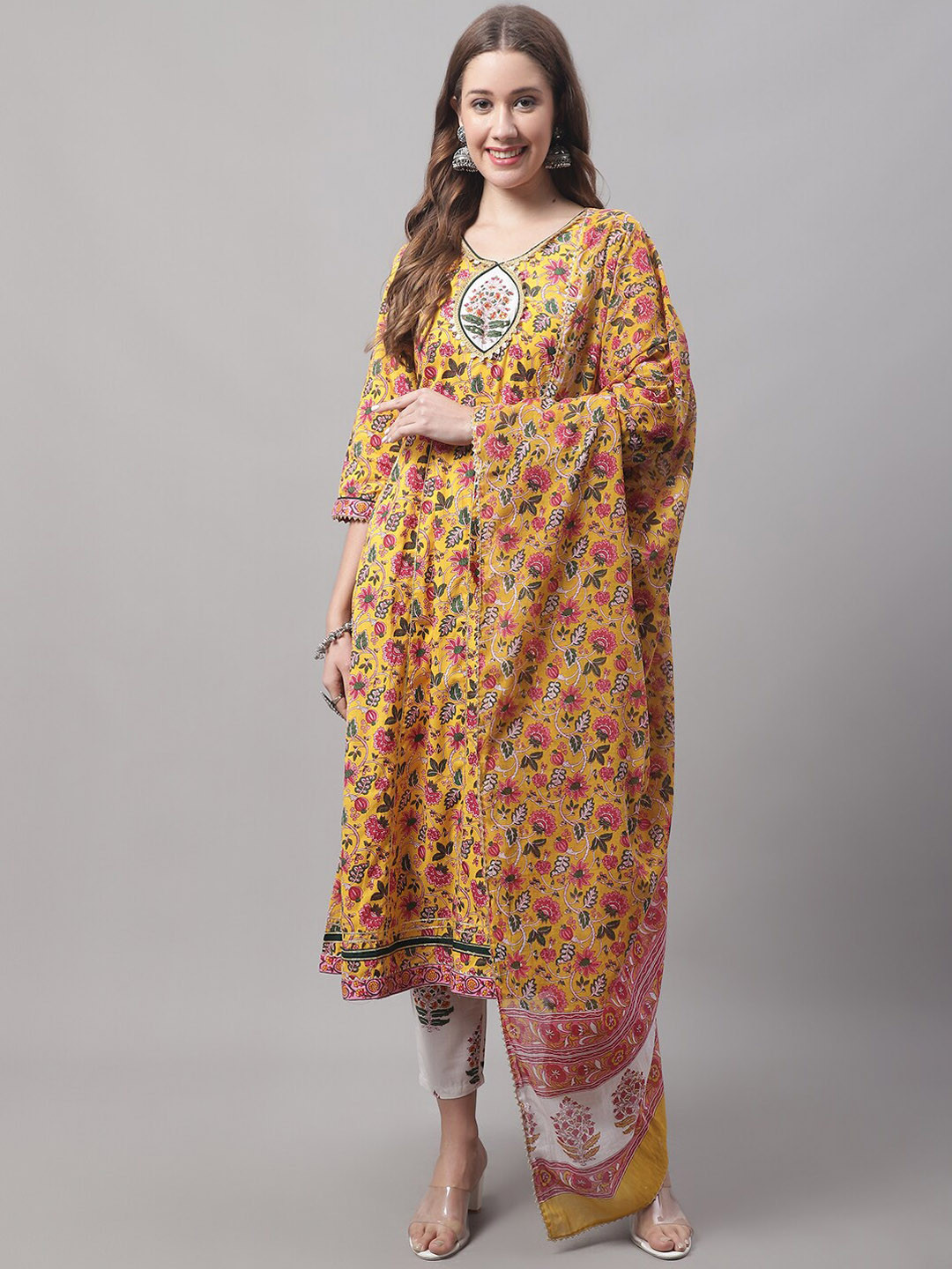 

VredeVogel Ethnic Motifs Printed Pure Cotton Anarkali Kurta & Trousers With Dupatta, Yellow