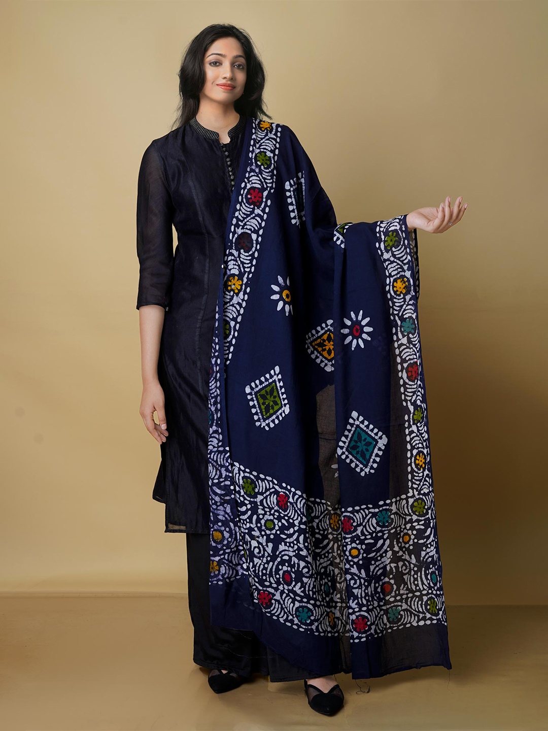 

Unnati Silks Navy Ethnic Motifs Printed Pure Cotton Batik Dupatta, Navy blue