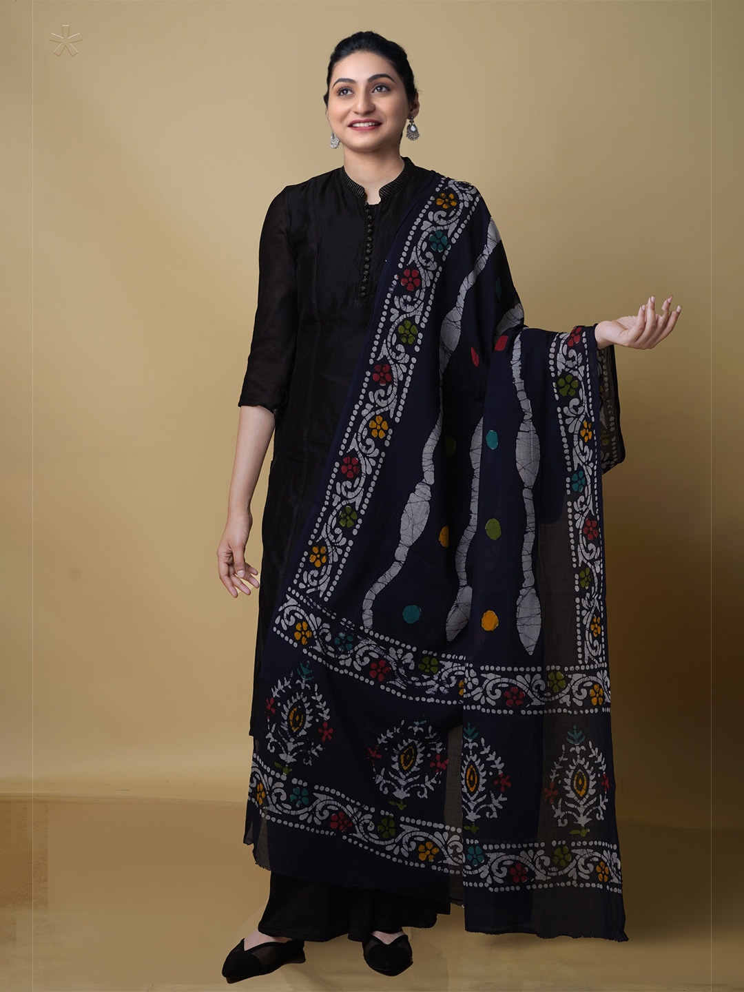 

Unnati Silks Ethnic Motifs Pure Cotton Batik Dupatta, Navy blue