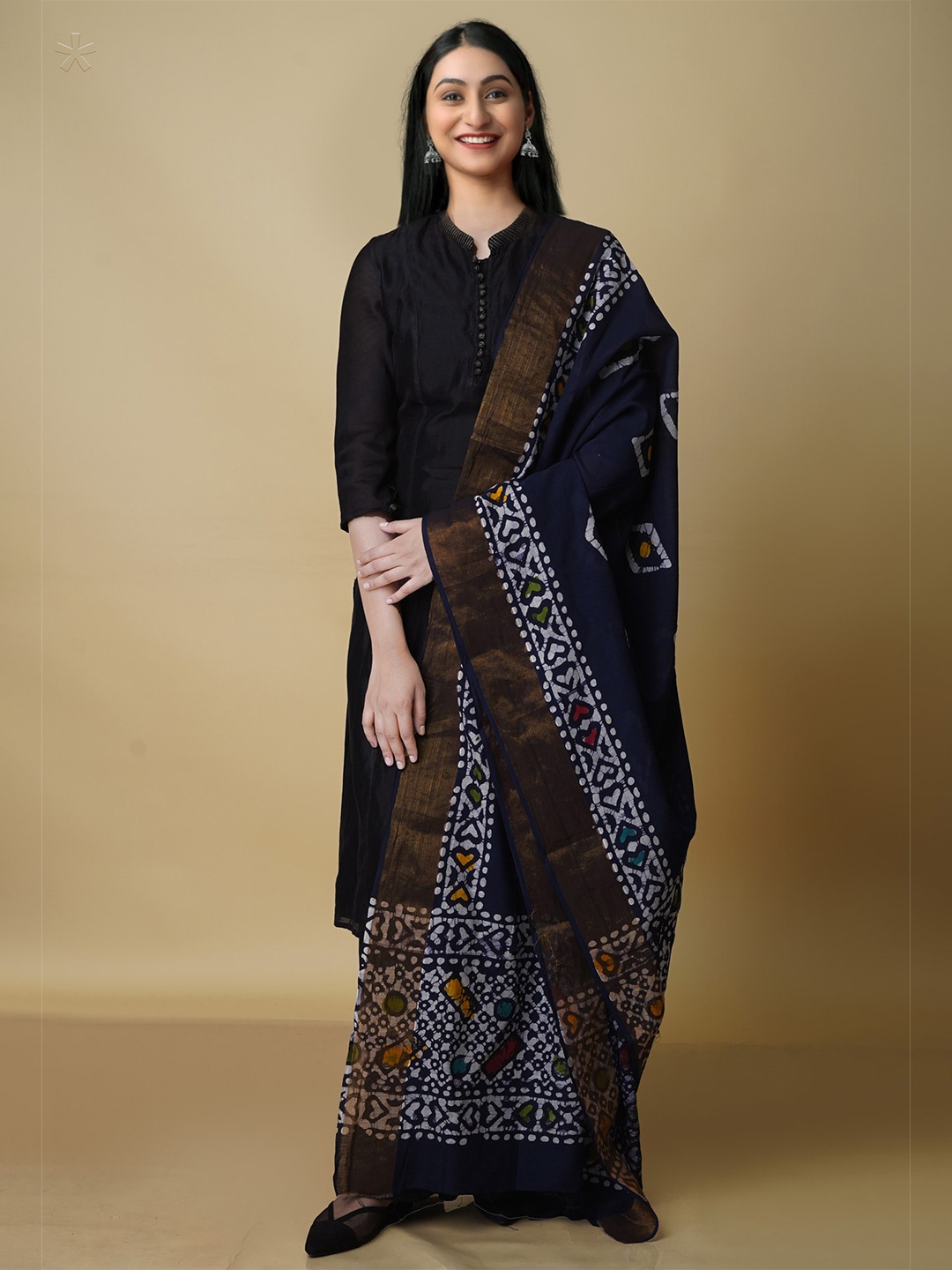 

Unnati Silks Ethnic Motifs Printed Pure Cotton Batik Dupatta with Zari, Navy blue