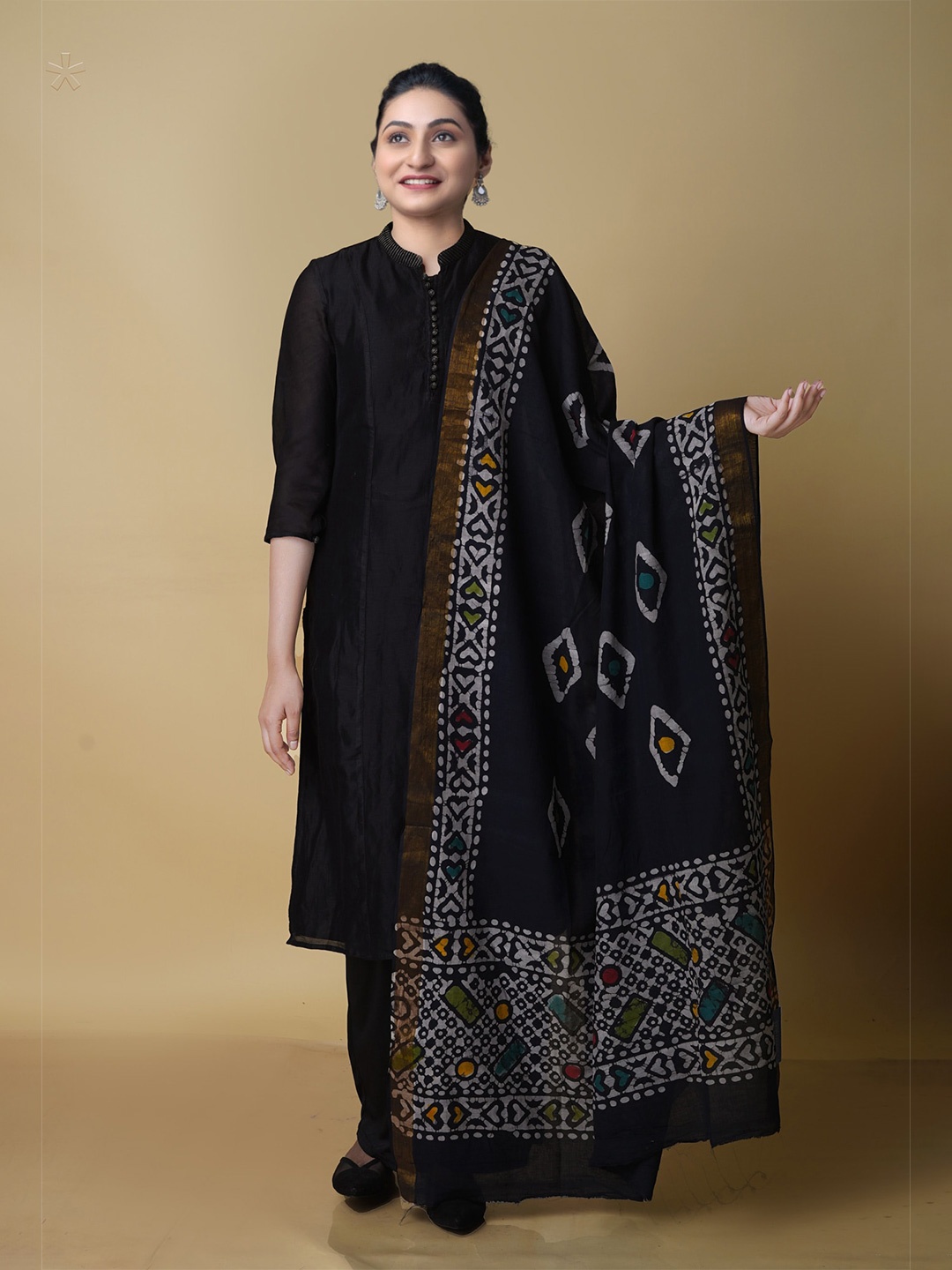

Unnati Silks Ethnic Motifs Printed Pure Cotton Batik Dupatta with Zari, Black