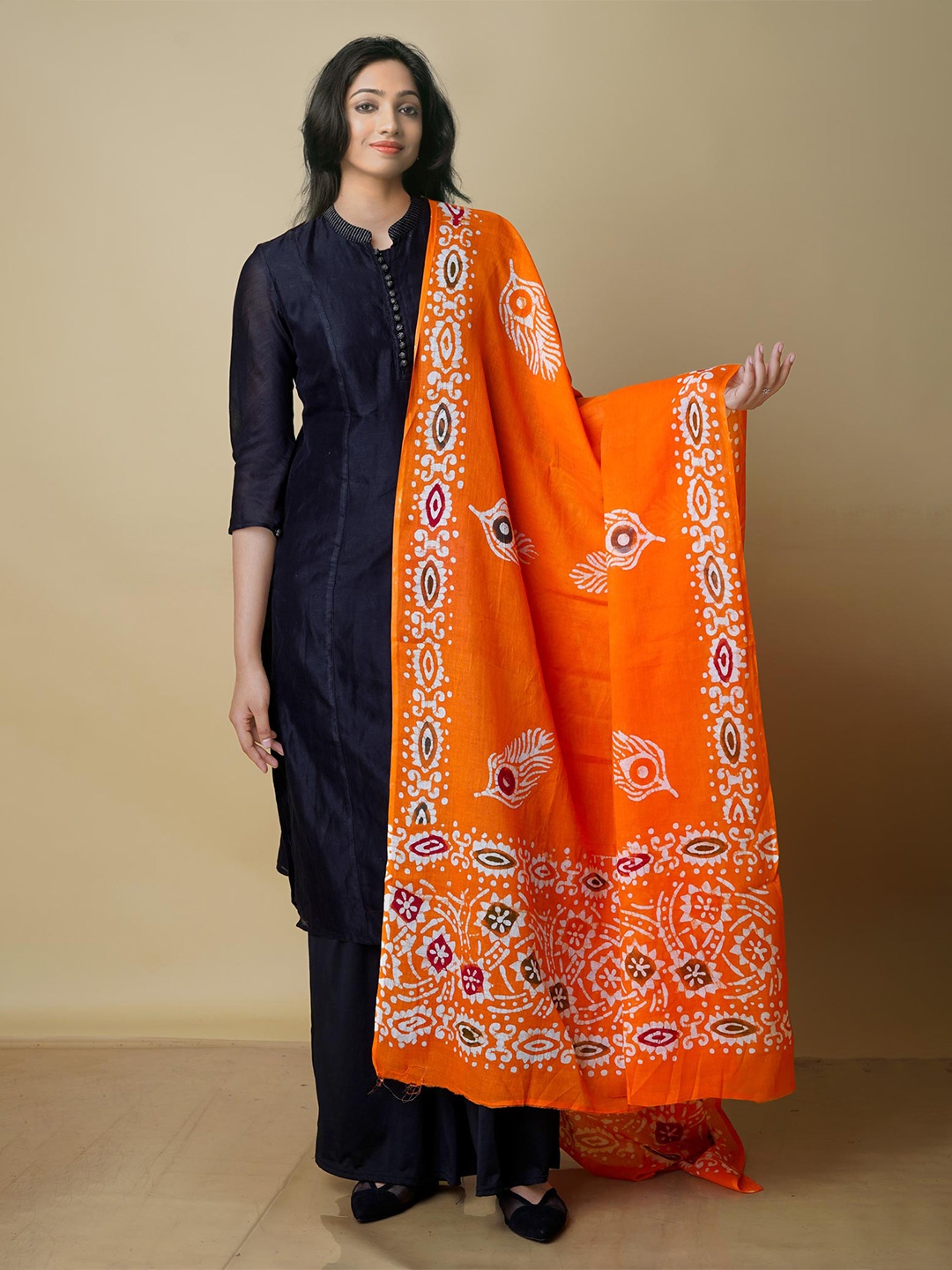 

Unnati Silks Ethnic Motifs Printed Pure Cotton Batik Dupatta, Orange