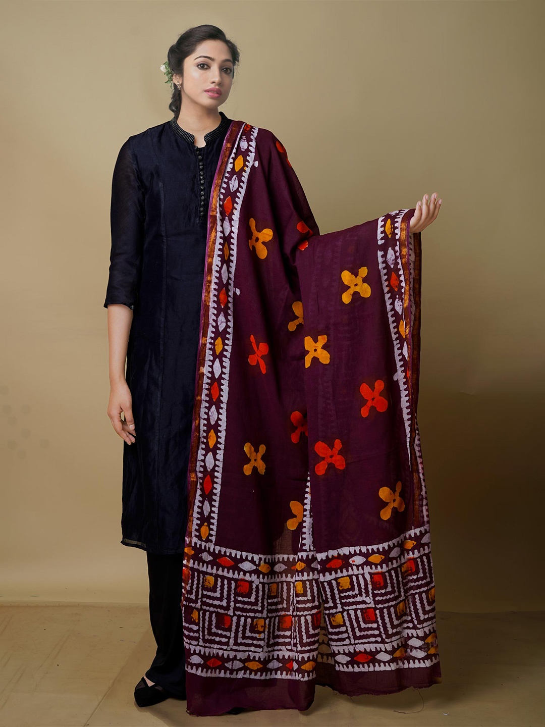 

Unnati Silks Ethnic Motifs Printed Pure Cotton Batik Dupatta with Zari, Maroon
