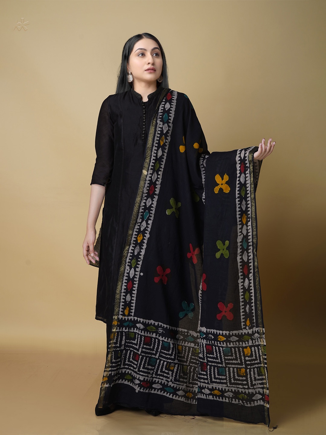 

Unnati Silks Ethnic Motifs Printed Pure Cotton Batik Dupatta with Zari, Black