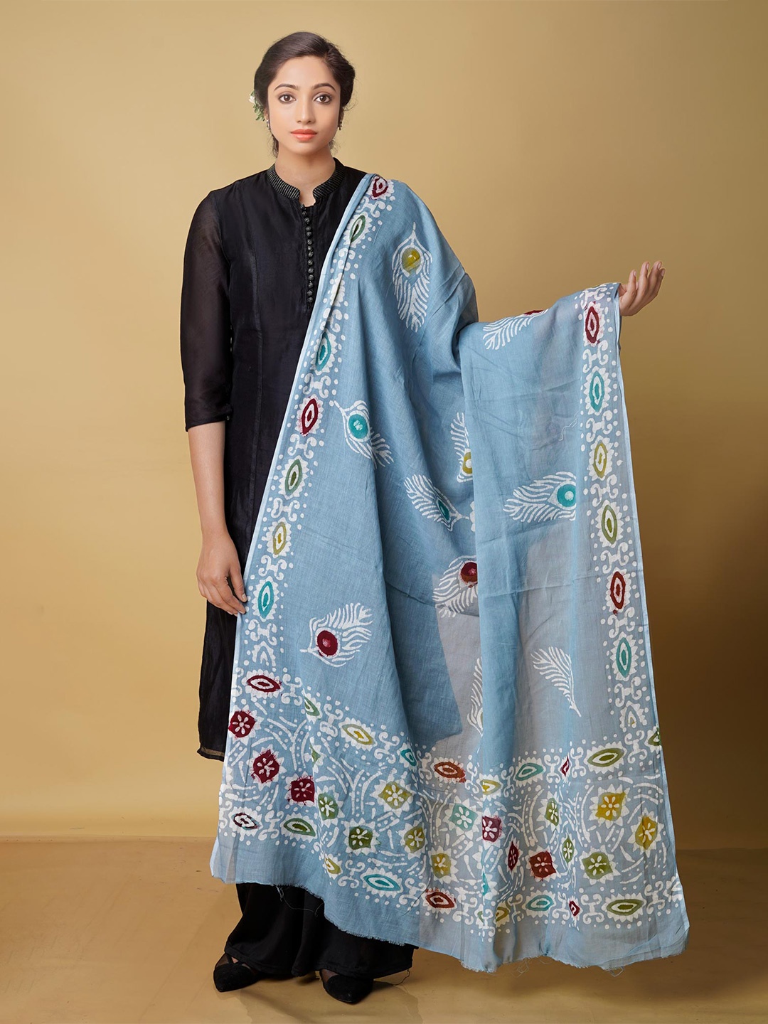 

Unnati Silks Ethnic Motifs Printed Pure Cotton Batik Dupatta, Grey