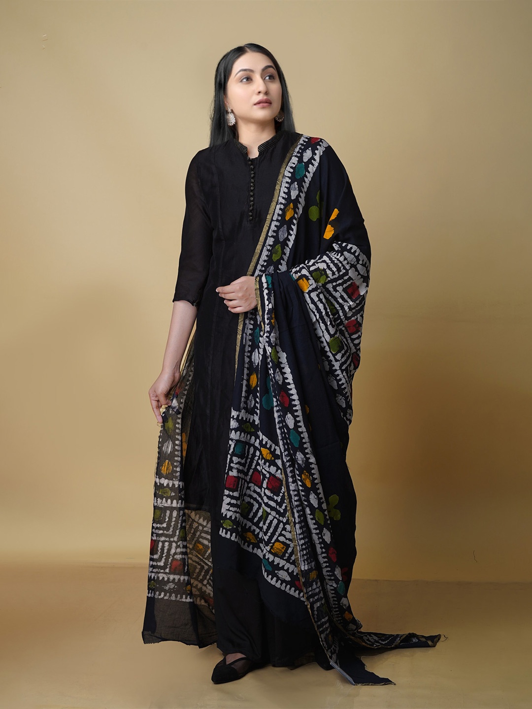 

Unnati Silks Ethnic Motifs Printed Pure Cotton Batik Dupatta with Zari, Black