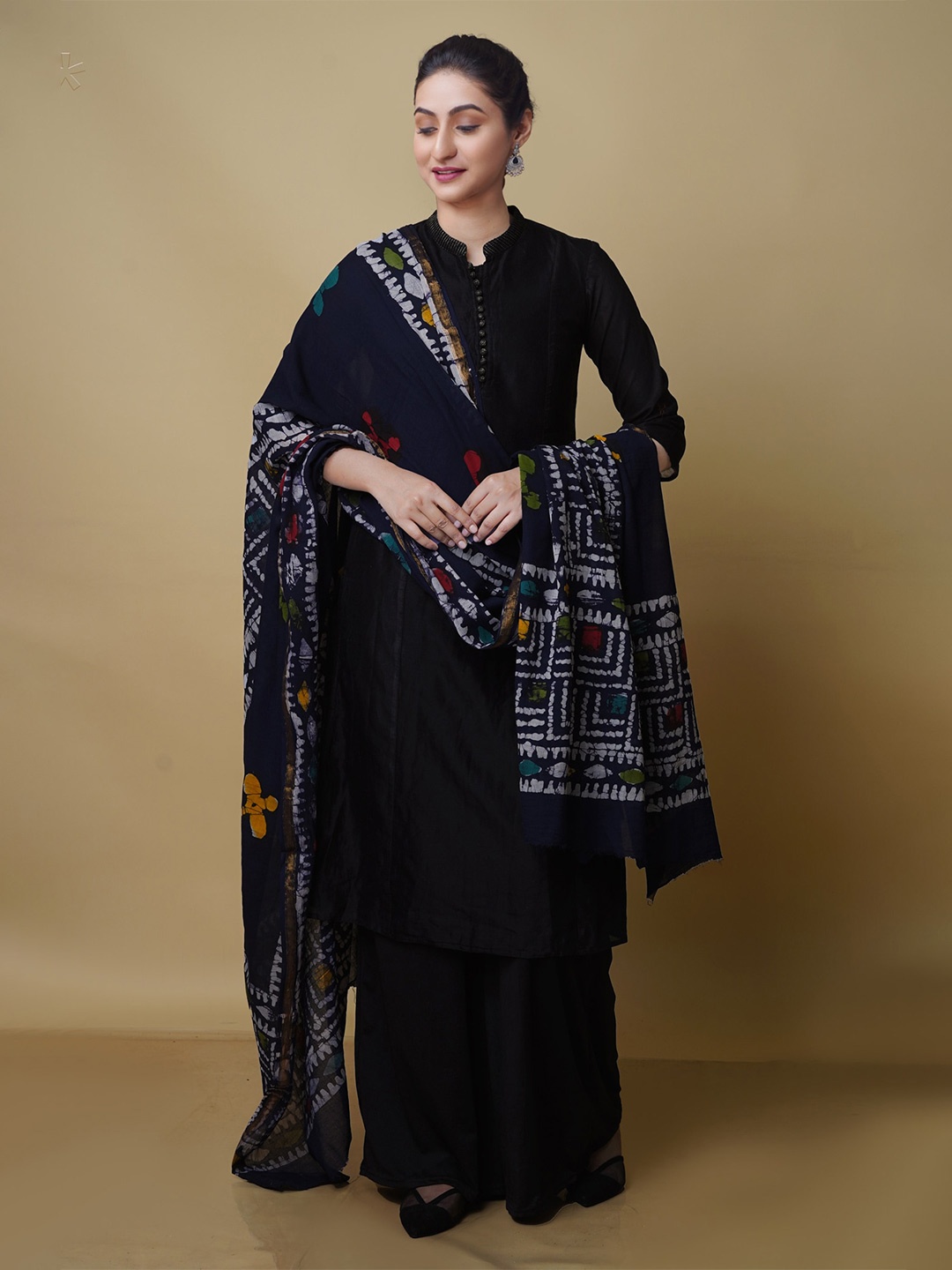 

Unnati Silks Ethnic Motifs Printed Pure Cotton Batik Dupatta with Zari, Navy blue