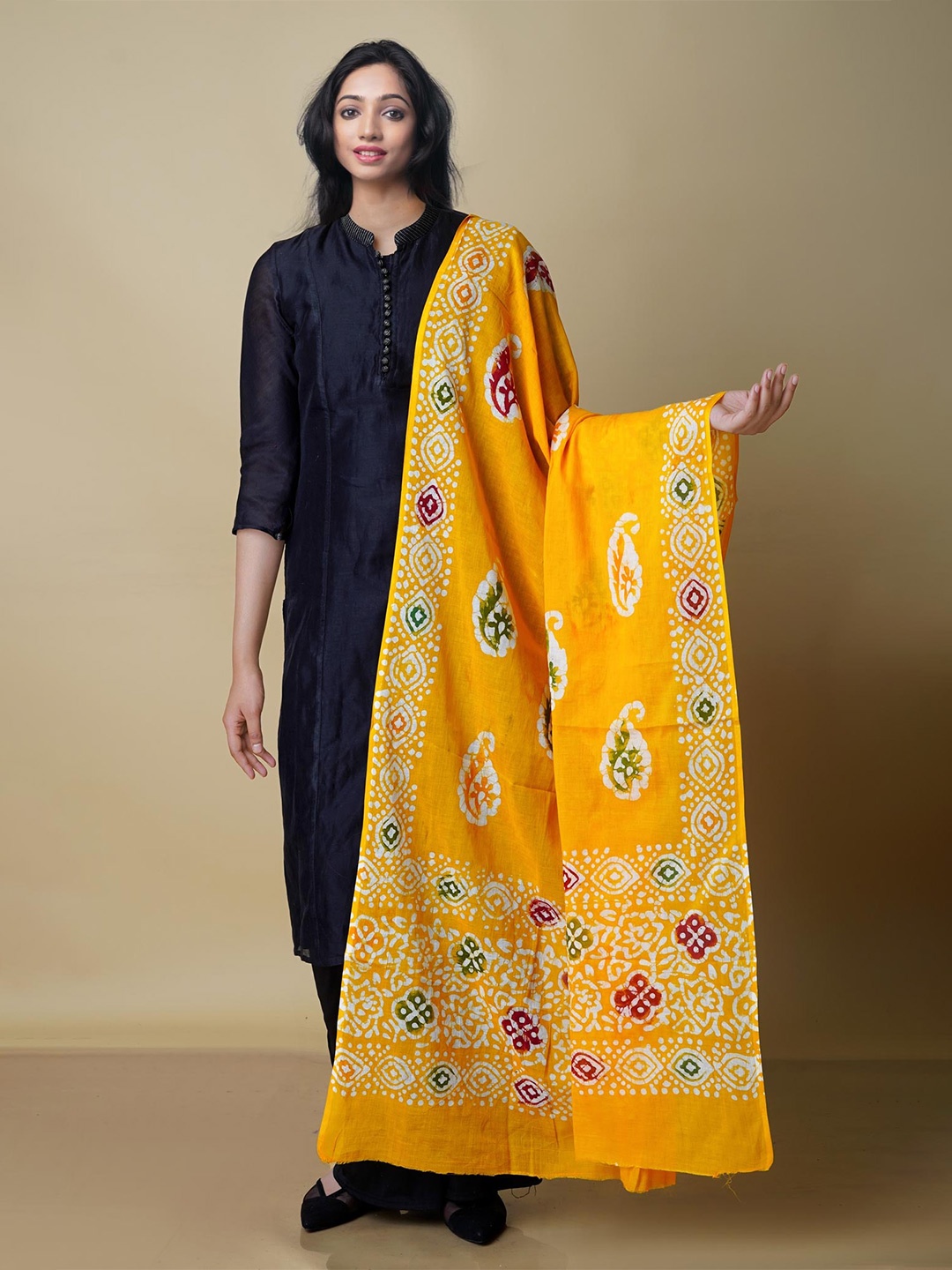 

Unnati Silks Ethnic Motifs Printed Pure Cotton Batik Dupatta, Yellow