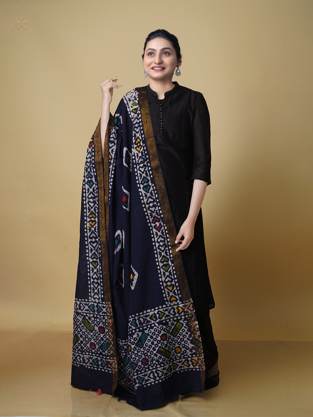 

Unnati Silks Ethnic Motifs Printed Pure Cotton Batik Dupatta with Zari, Navy blue