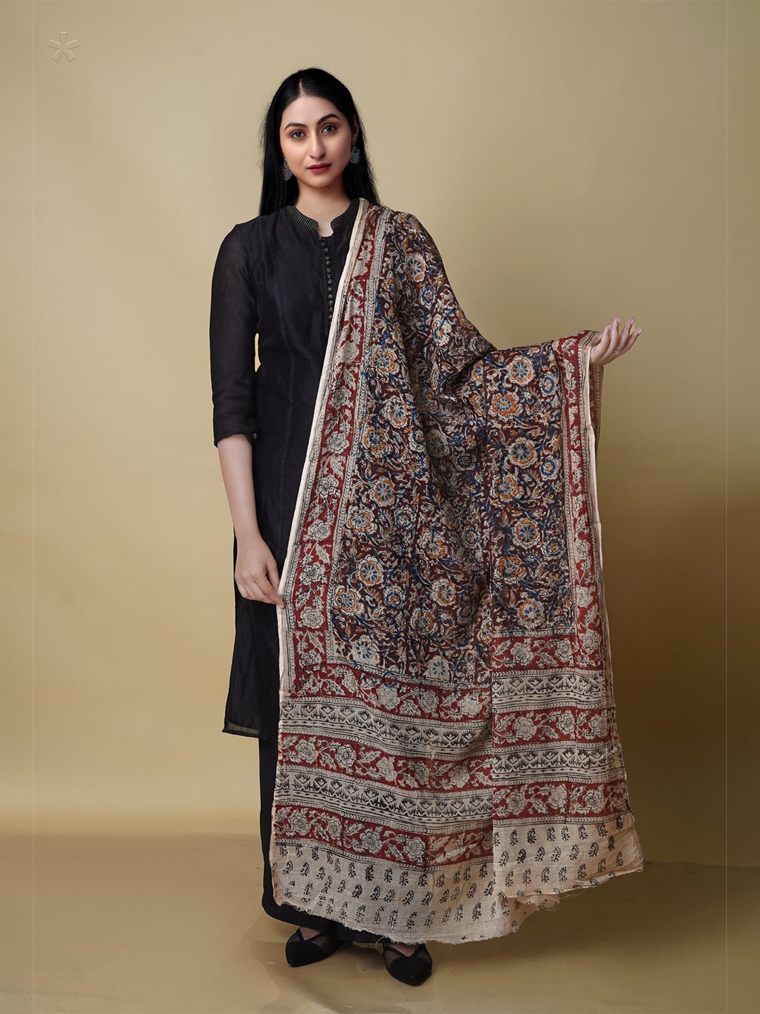 

Unnati Silks Ethnic Motifs Pure Cotton Kalamkari Dupatta, Black