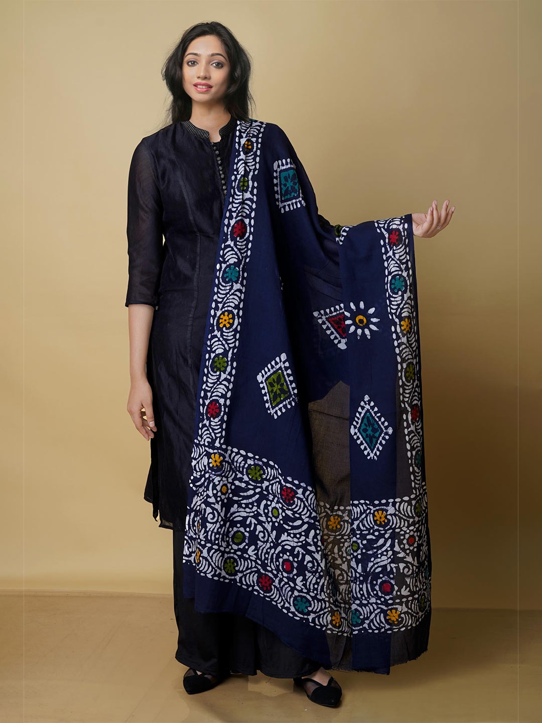 

Unnati Silks Ethnic Motifs Printed Pure Cotton Batik Dupatta, Navy blue