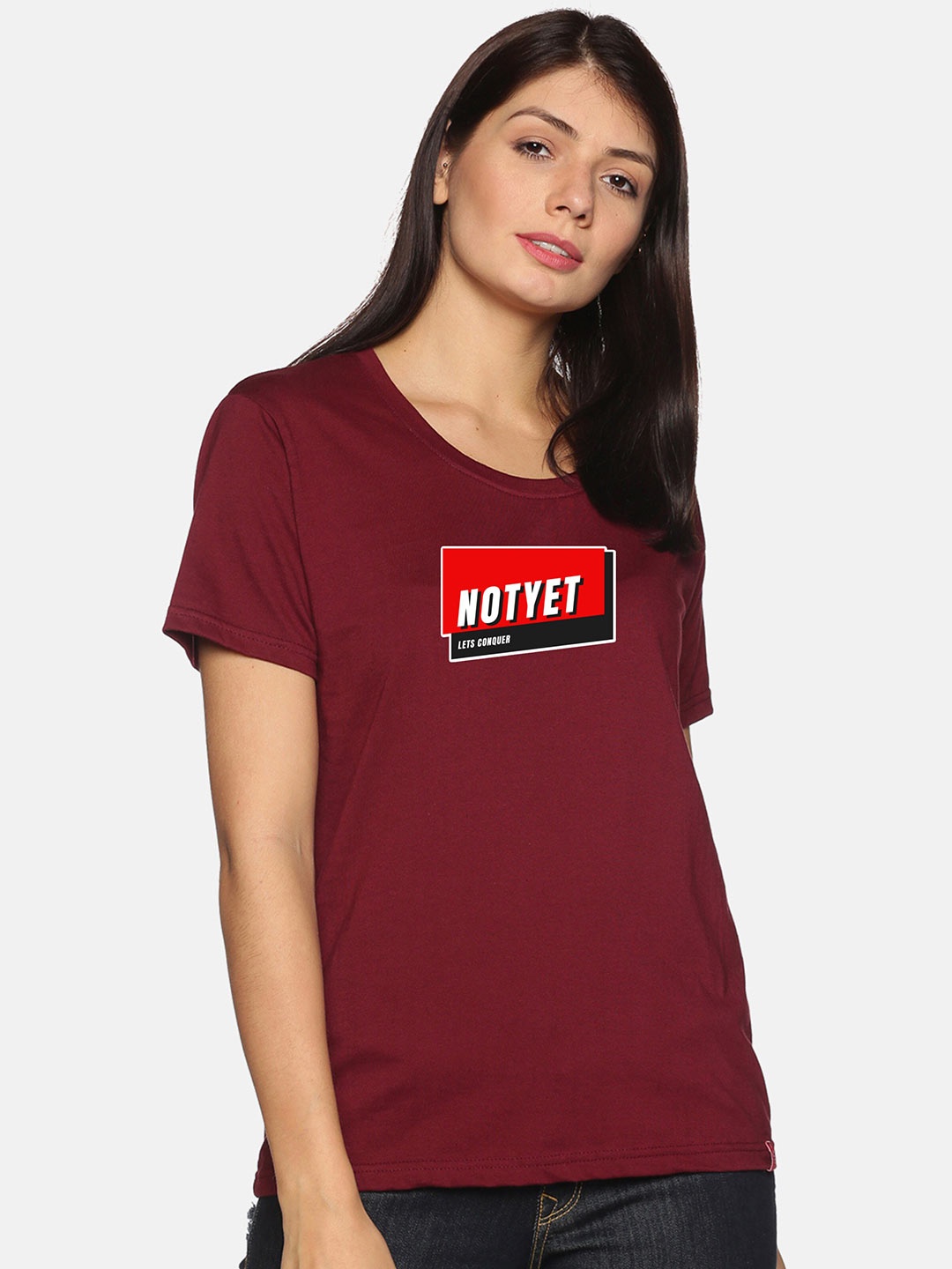 

NOT YET by us Women Typography Printed Cotton T-shirt, Maroon