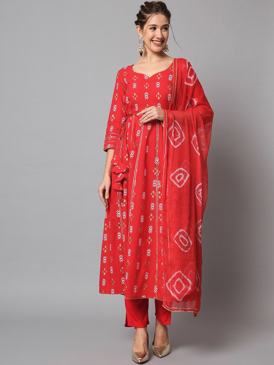 

Meeranshi Ethnic Motifs Printed Gotta Patti Anarkali Liva Kurta & Trousers With Dupatta, Red