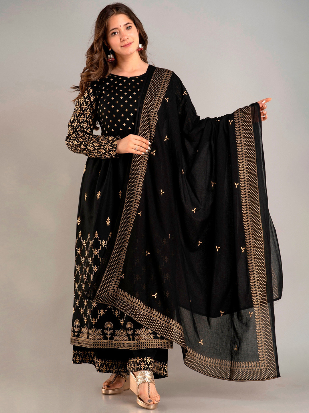 

misbis Women Ethnic Motifs Printed Kurta with Palazzos & Dupatta, Black