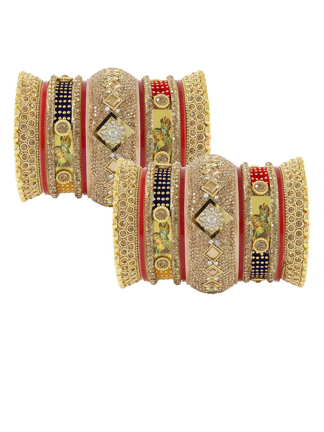 

NMII Set of 18 Zircon Gemstone Studded Radha Krishna Bangles, Red
