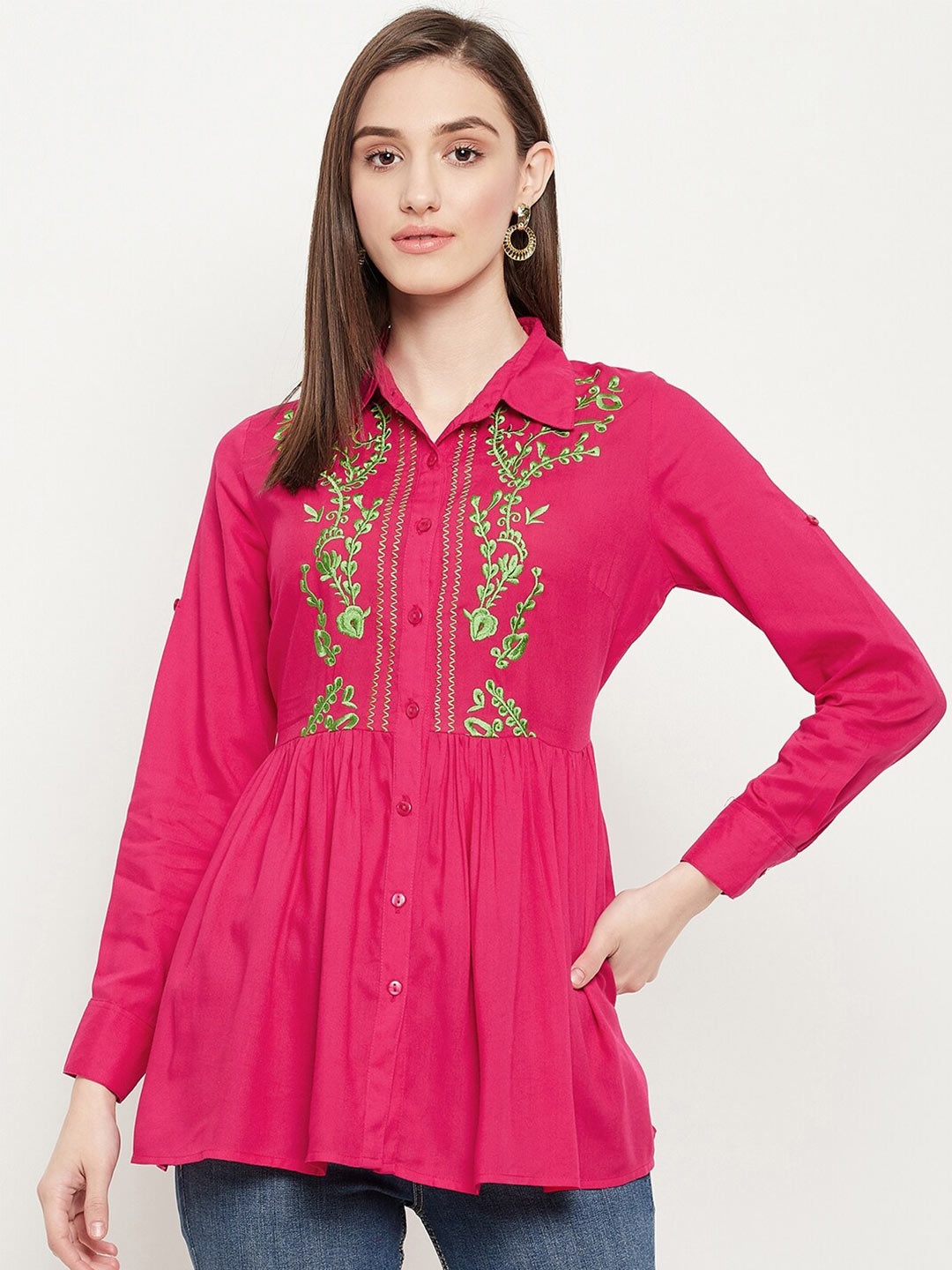 

Ruhaans Floral Embroidered Shirt Style Longline Top, Fuchsia