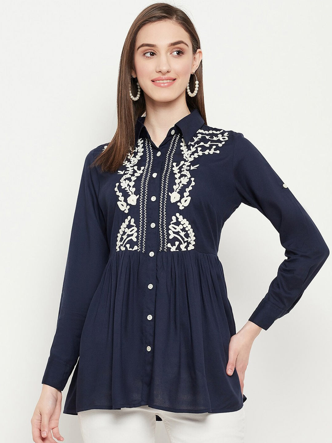 

Ruhaans Navy Blue & White Floral Embroidered Shirt Style Longline Top
