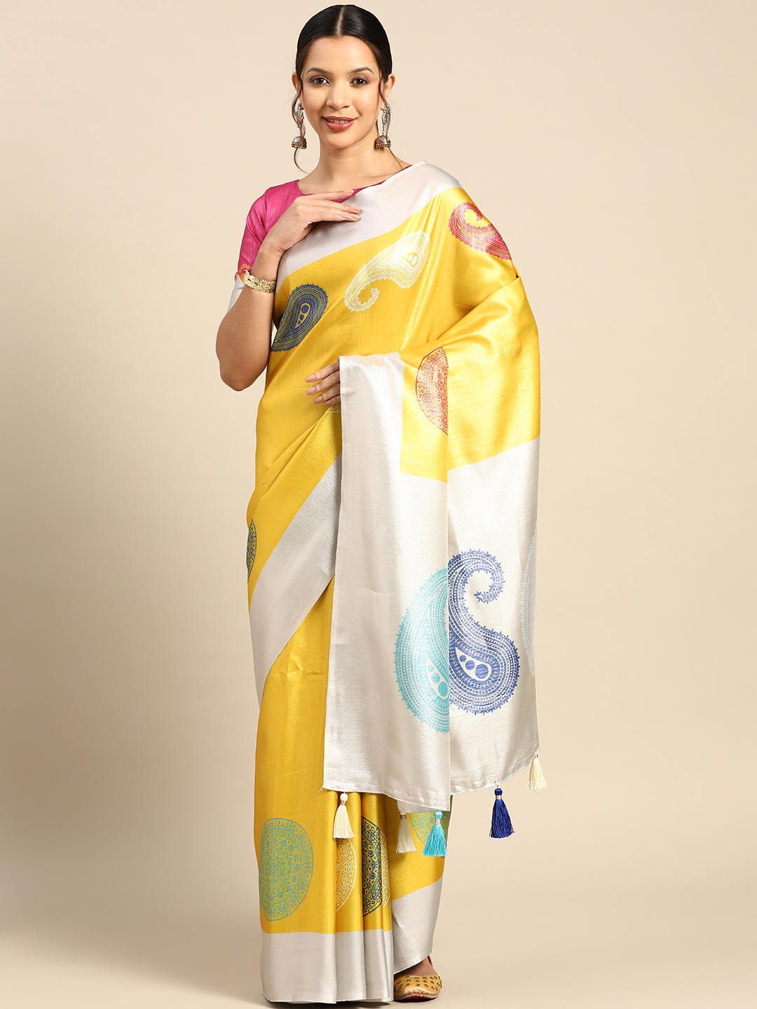 

CliqSilk Paisley Printed Art Silk Kanjeevaram Saree, Yellow