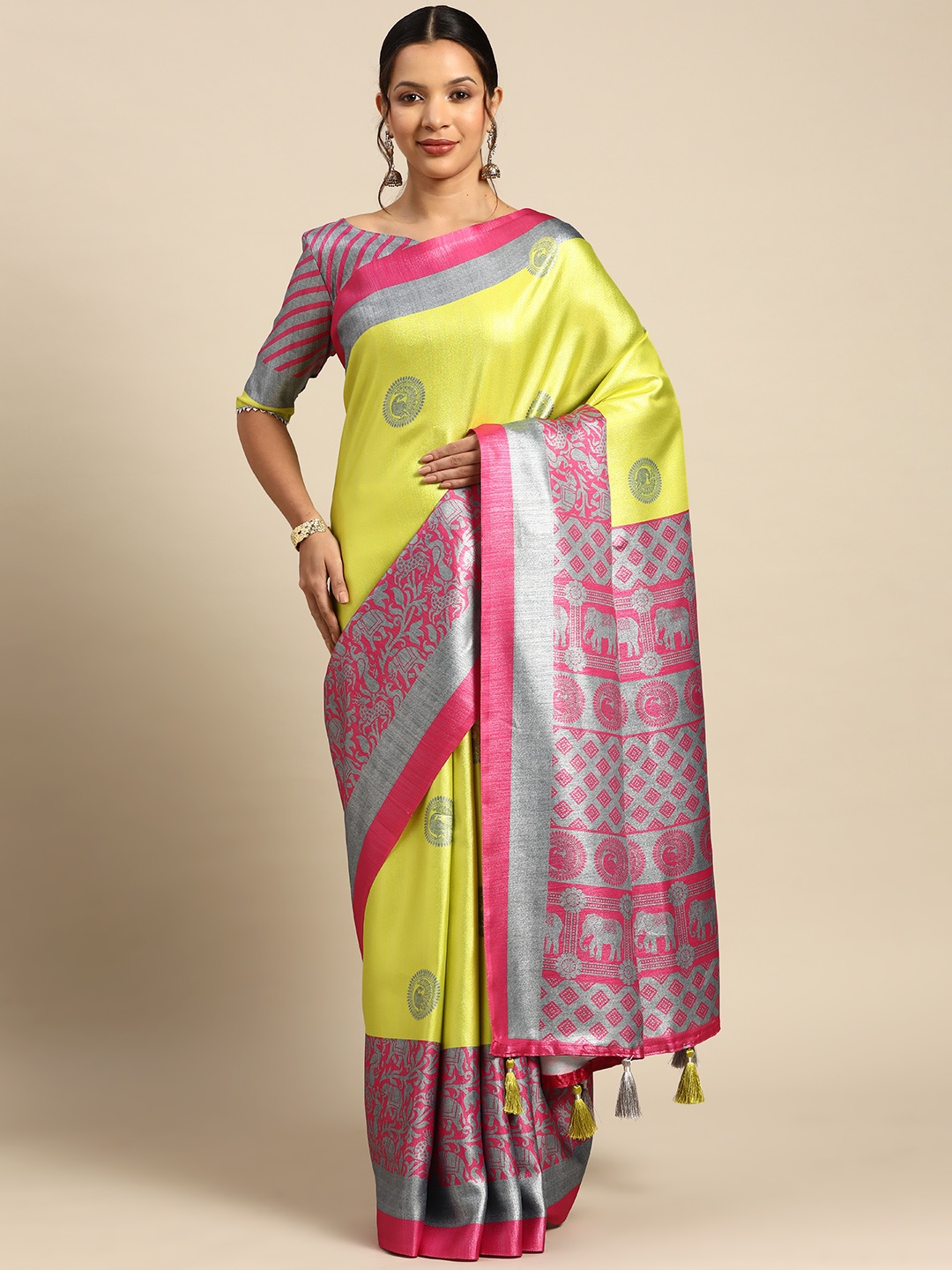 

CliqSilk Ethnic Motifs Printed Art Silk Kanjeevaram Saree, Lime green