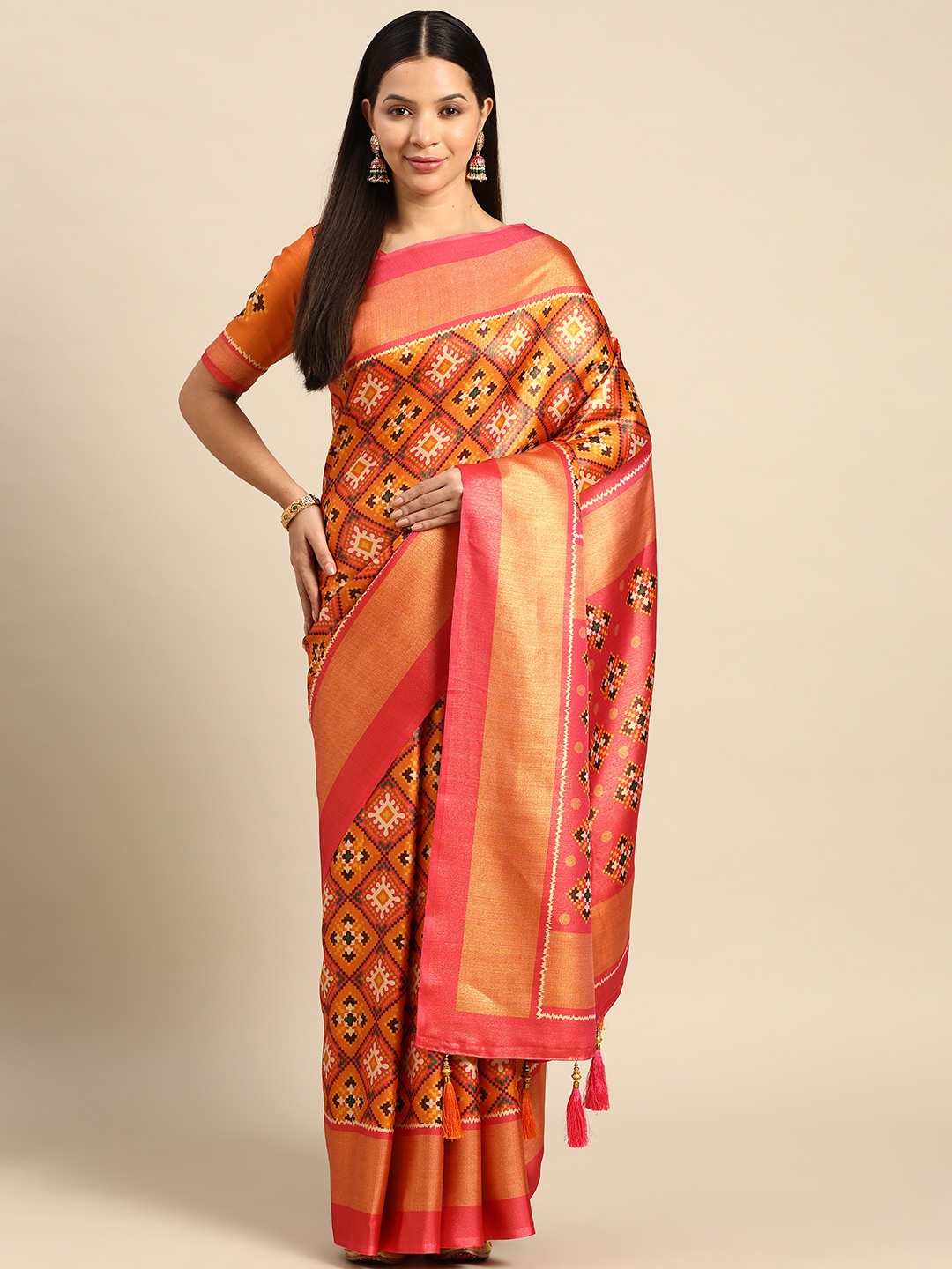 

CliqSilk Geometric Printed Art Silk Banarasi Saree, Orange