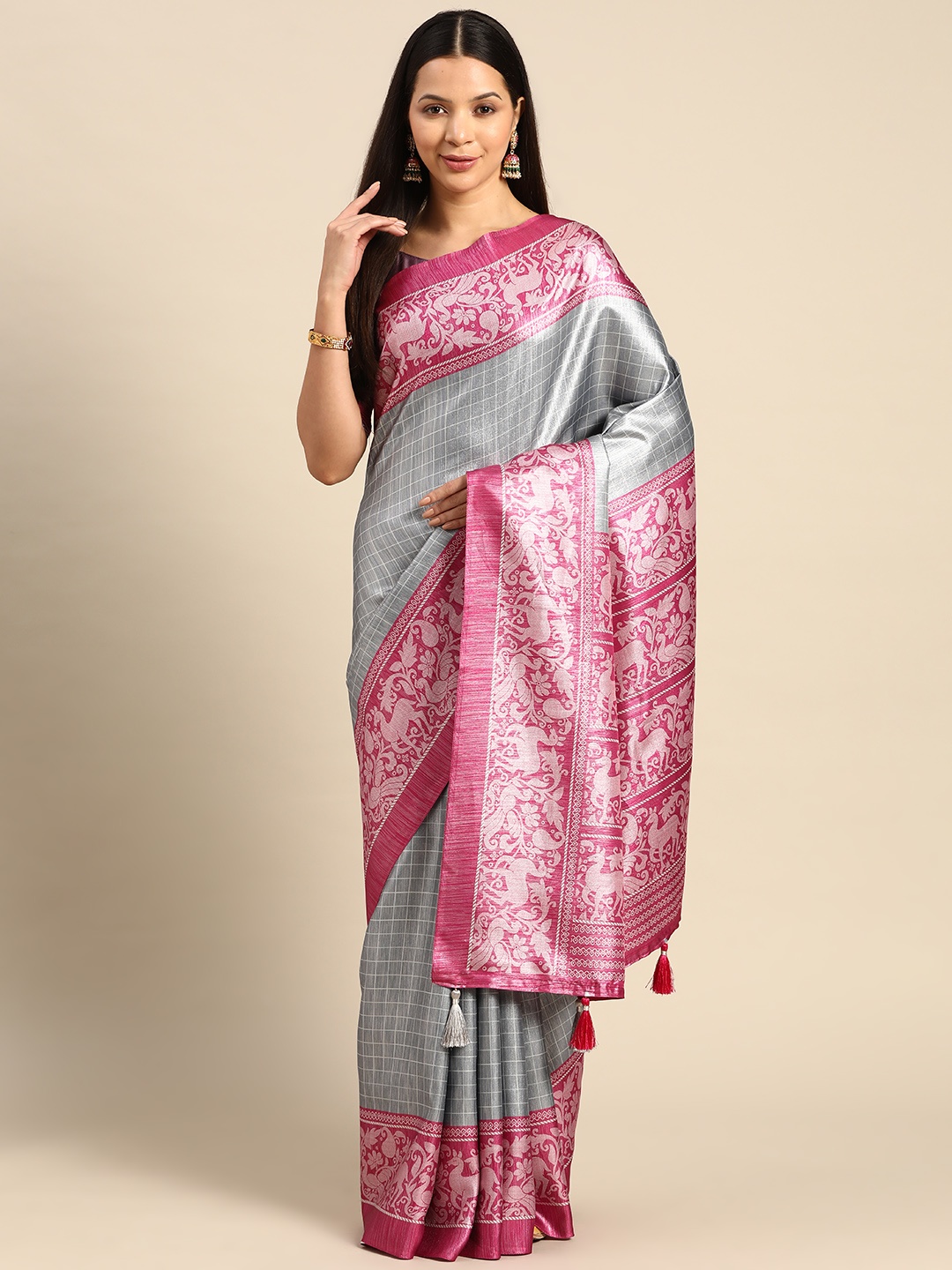 

CliqSilk Checked Art Silk Pochampally Saree, Grey