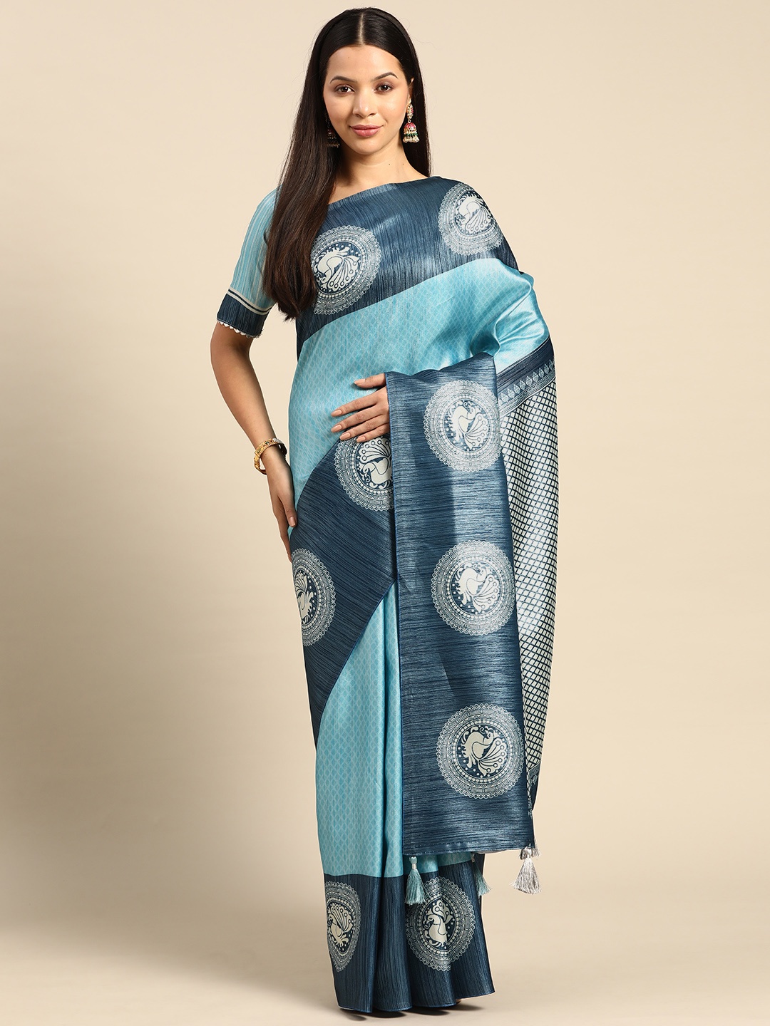 

CliqSilk Geometric Printed Art Silk Pochampally Saree, Blue