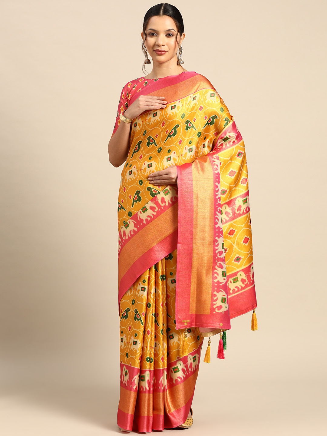 

CliqSilk Ethnic Motifs Printed Art Silk Patola Saree, Yellow