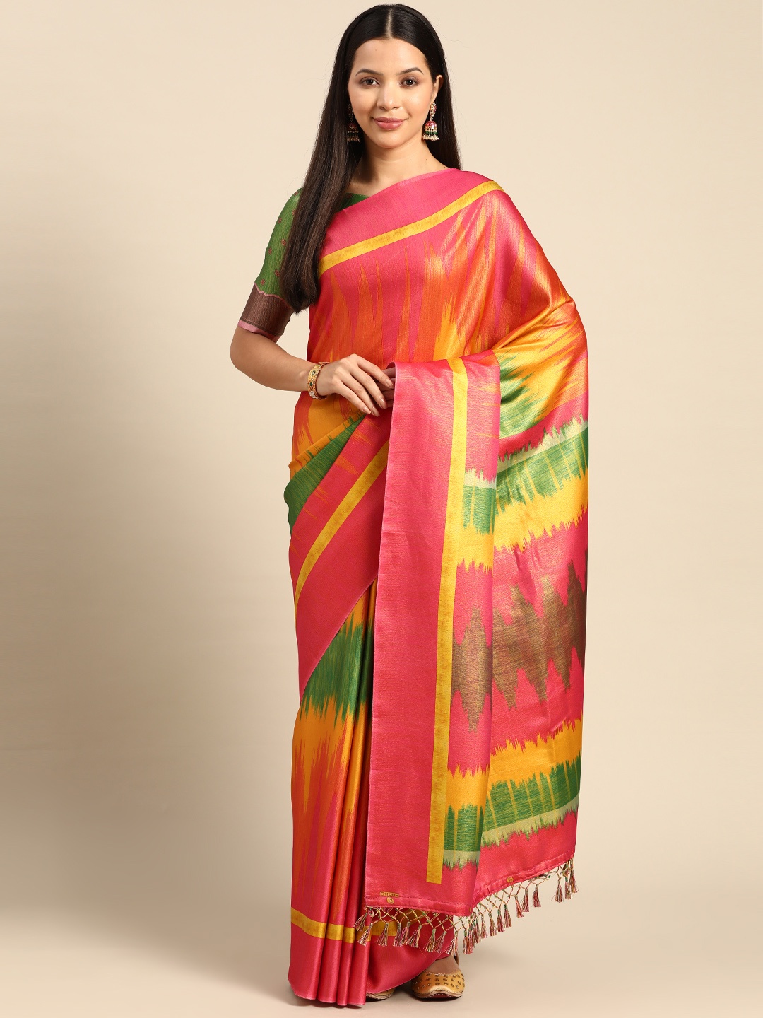 

CliqSilk Abstract Printed Art Silk Ikat Saree, Pink