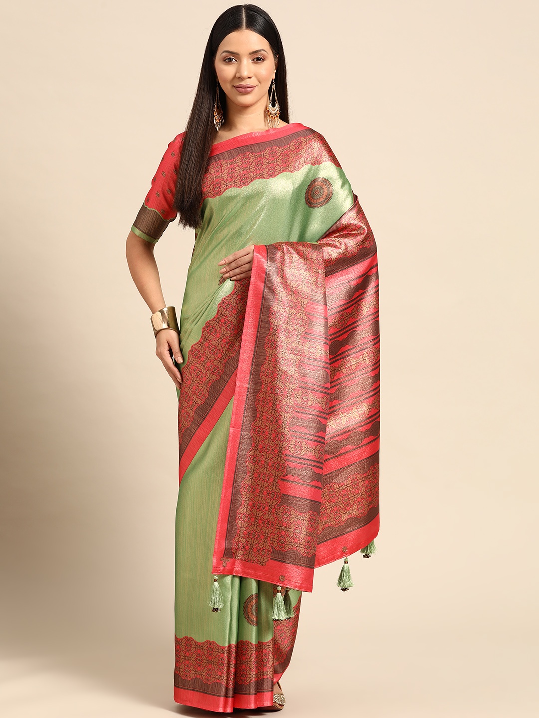 

CliqSilk Ethnic Motifs Printed Art Silk Kanjeevaram Saree, Green