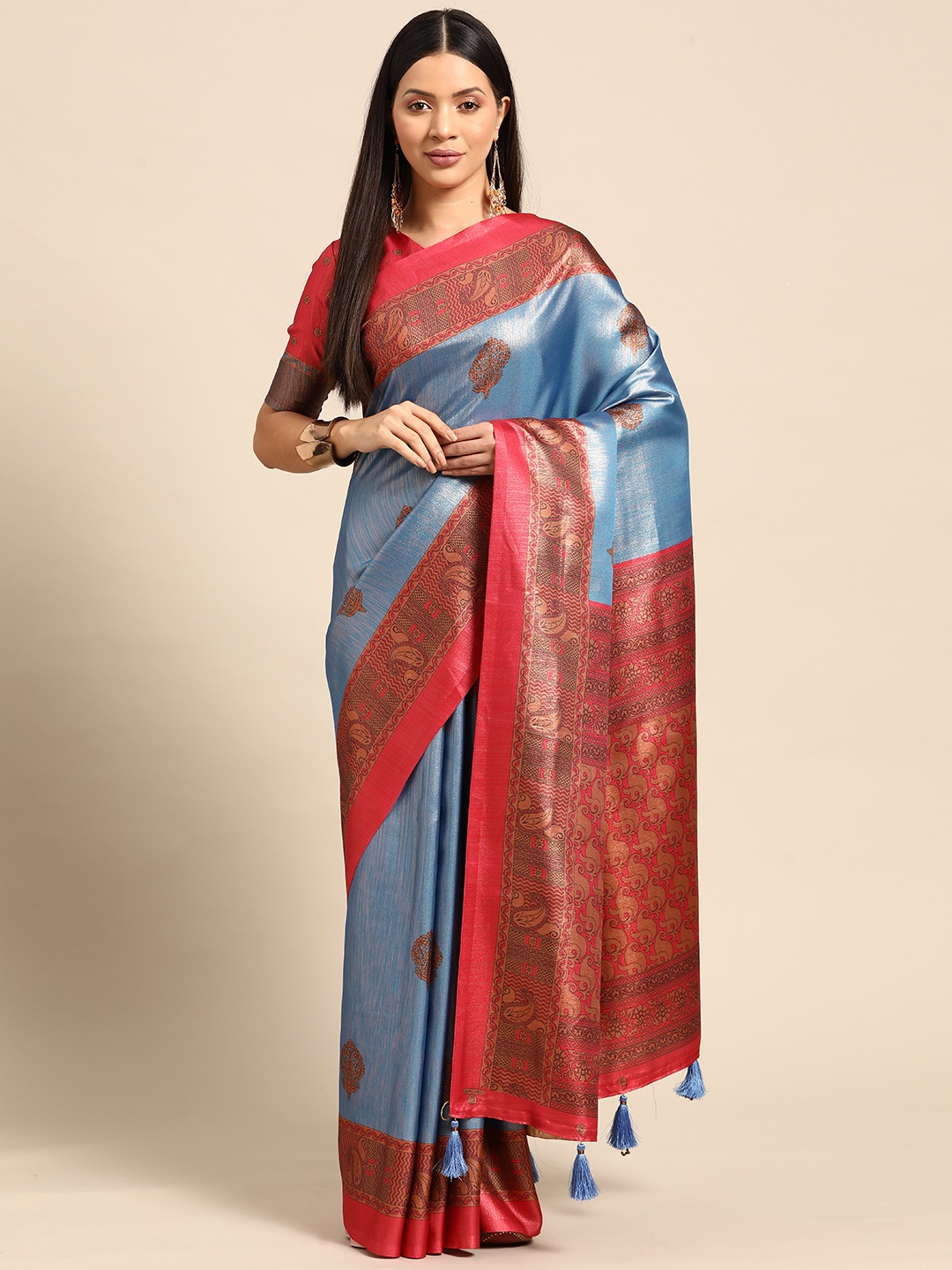 

CliqSilk Ethnic Motifs Printed Art Silk Kanjeevaram Saree, Blue