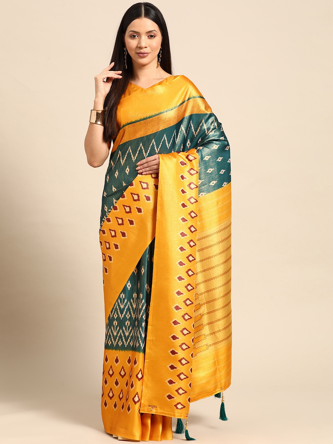 

CliqSilk Geometric Printed Art Silk Ikat Saree, Turquoise blue