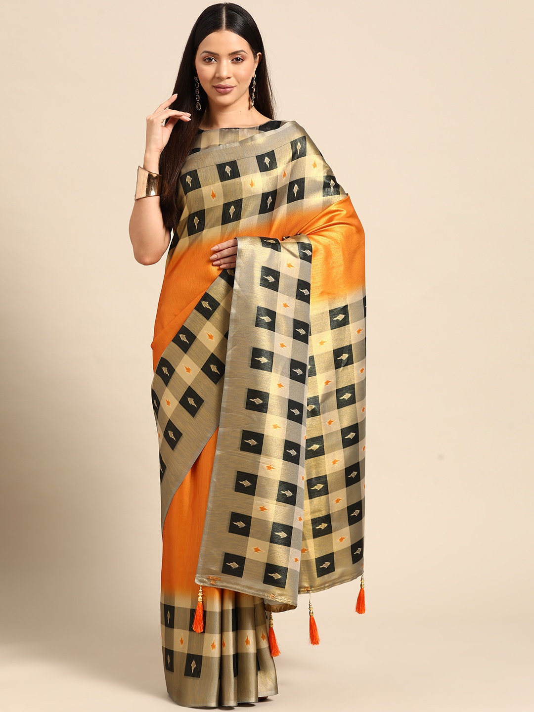 

CliqSilk Checked Art Silk Banarasi Saree, Orange