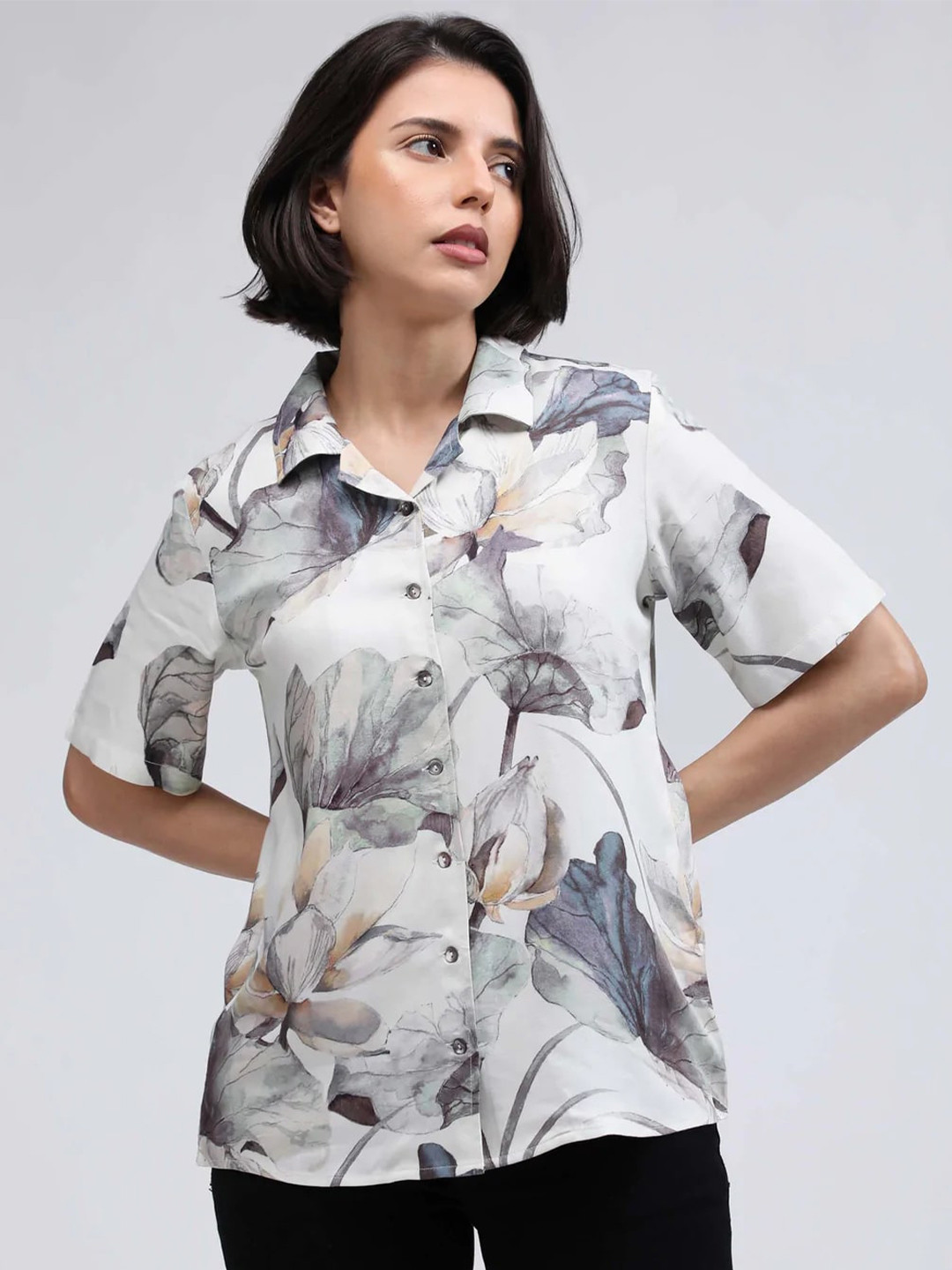 

IDK Floral Print Shirt Style Top, Beige