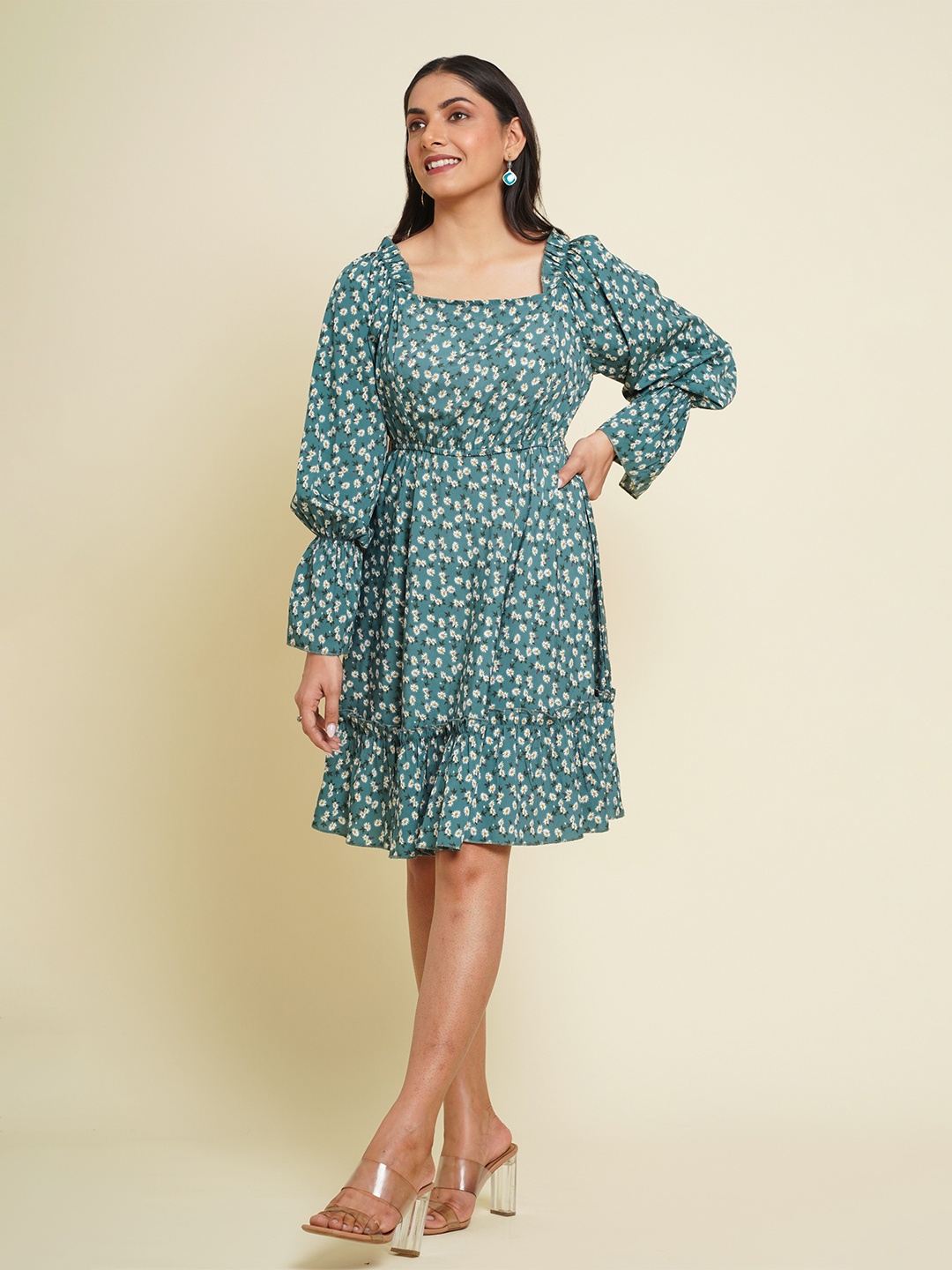 

FLAMBOYANT Floral Printed A-Line Dress, Green